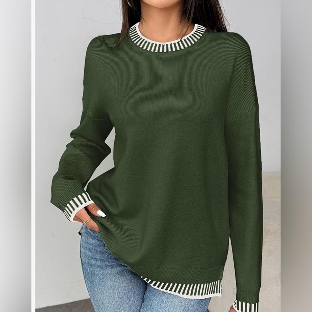 Zeagoo Womens Crewneck Pullover Sweater Long Sleeve Side Slit Top Army  Green XL